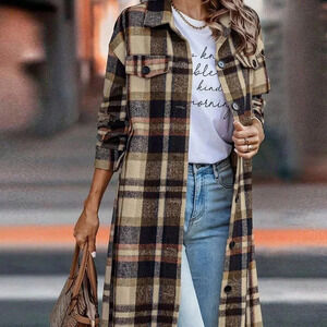 Navy Blue Elegant Women's Plaid Long Sleeve Button Up Shacket